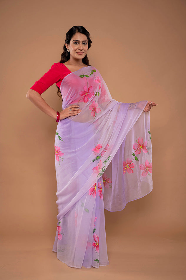 lavender viscose chiffon hand painted handwork saree