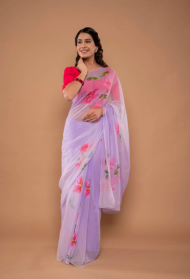 lavender viscose chiffon hand painted handwork saree