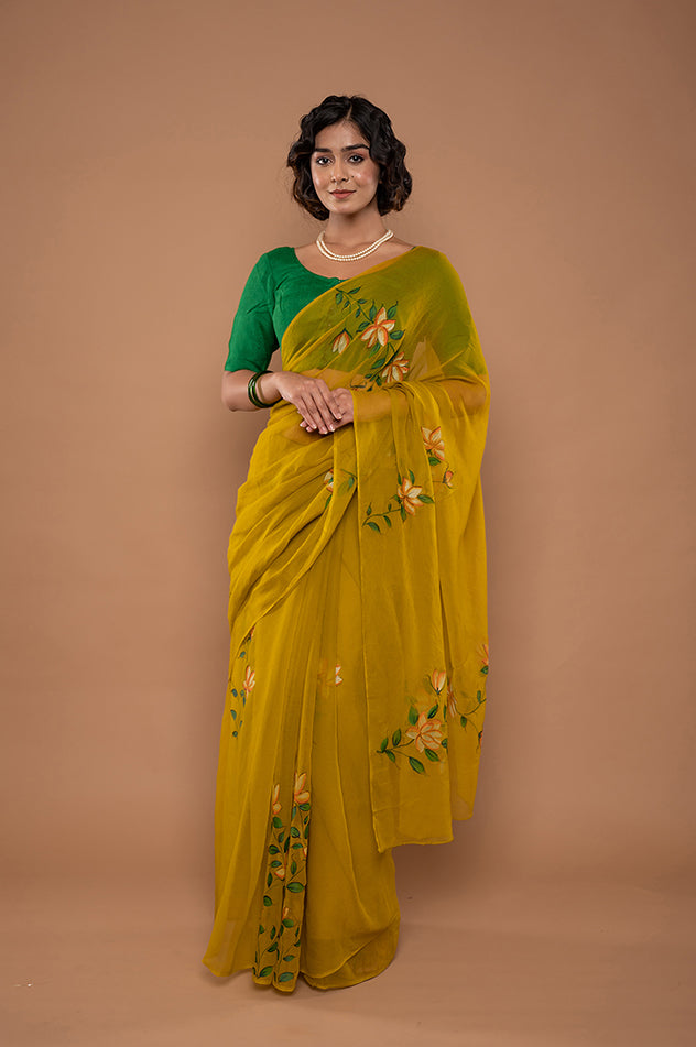 dark mustard yellow viscose chiffon hand painted handwork saree