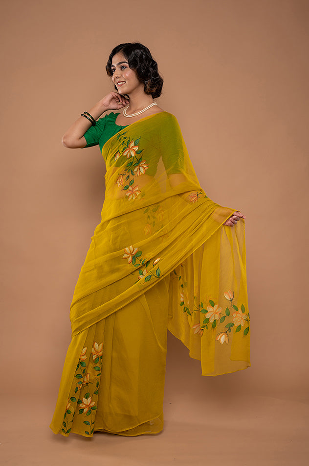 dark mustard yellow viscose chiffon hand painted handwork saree