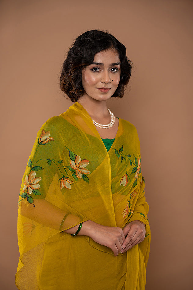 dark mustard yellow viscose chiffon hand painted handwork saree