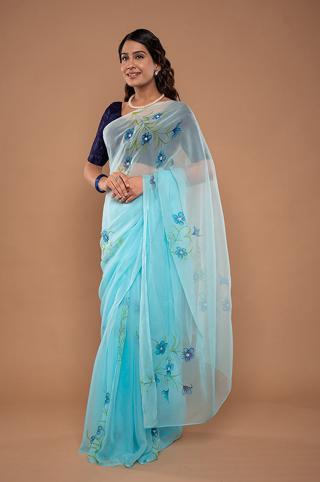 sky blue viscose chiffon hand painted handwork saree
