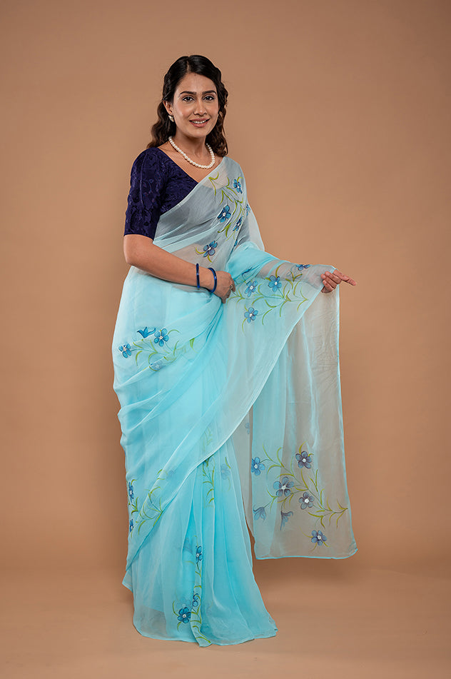 sky blue viscose chiffon hand painted handwork saree