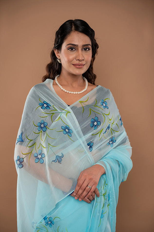 sky blue viscose chiffon hand painted handwork saree