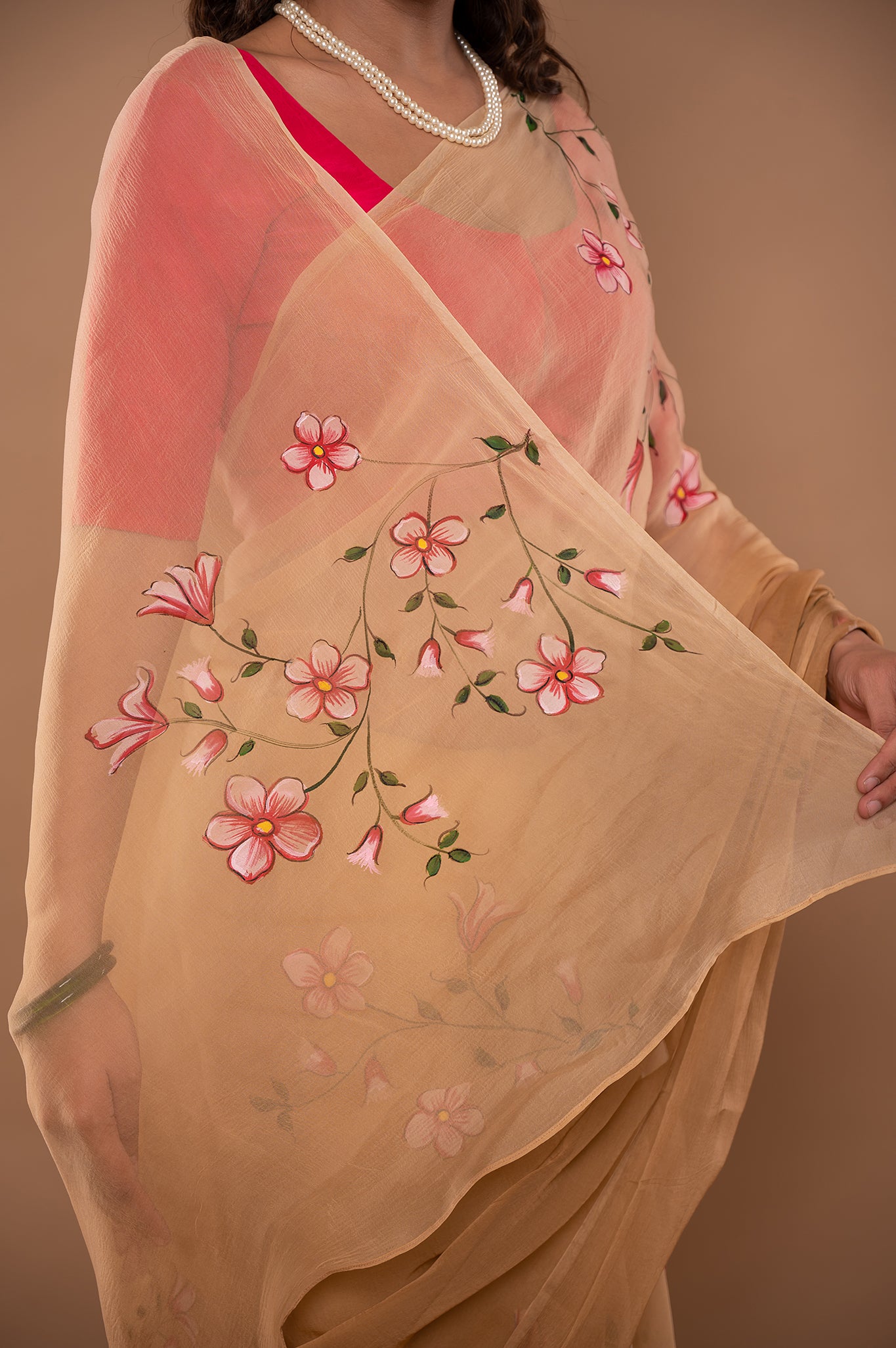 Light brown viscose chiffon hand painted handwork saree