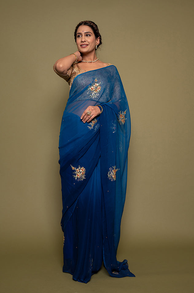 Blue light dark viscose chiffon aari sequins motif handwork saree