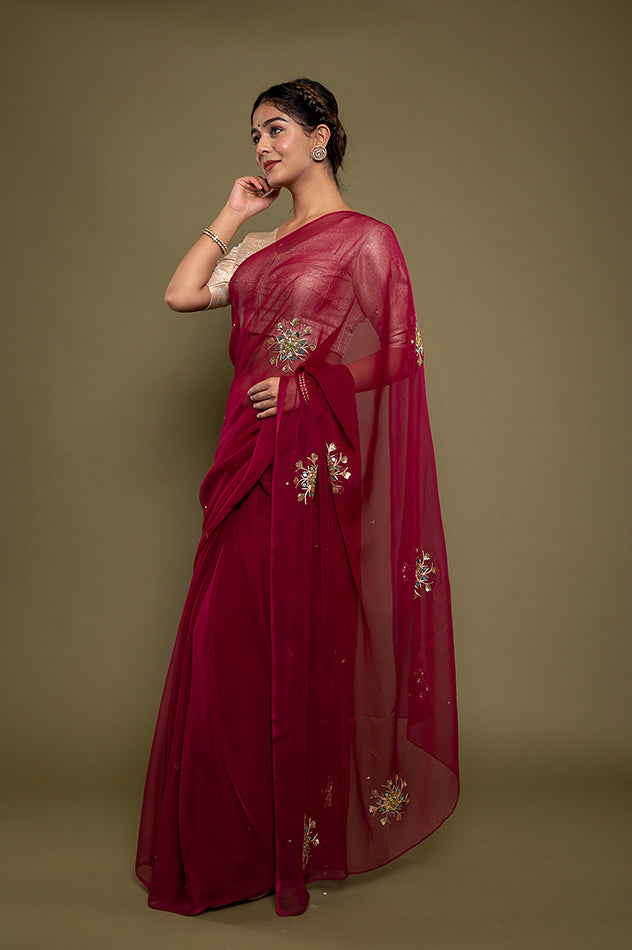 Wine viscose chiffon aari sequins motif handwork saree