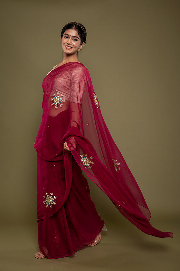 Wine viscose chiffon aari sequins motif handwork saree