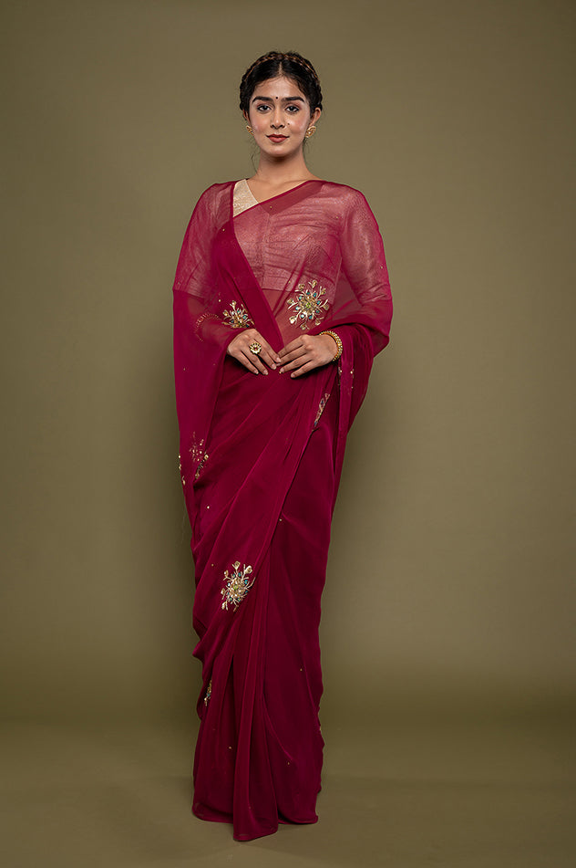 Wine viscose chiffon aari sequins motif handwork saree