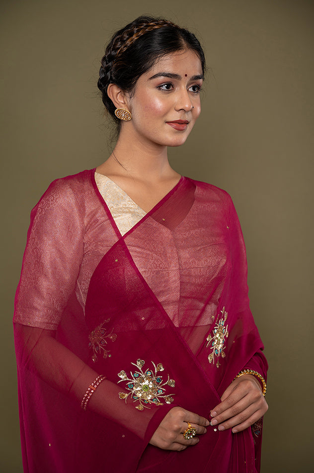 Wine viscose chiffon aari sequins motif handwork saree