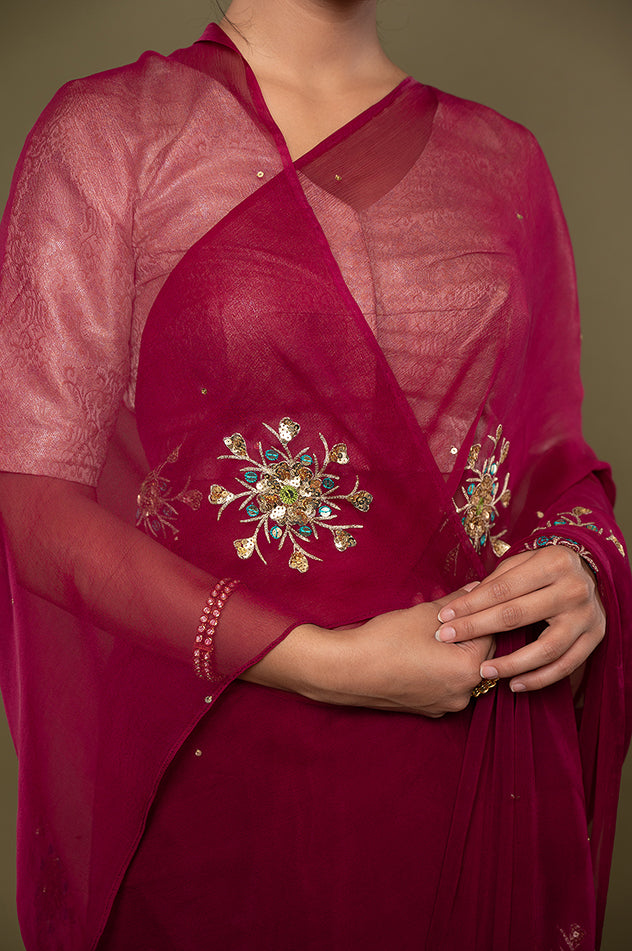 Wine viscose chiffon aari sequins motif handwork saree