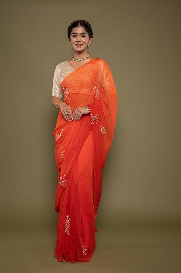Orange light dark viscose chiffon aari sequins motif handwork saree