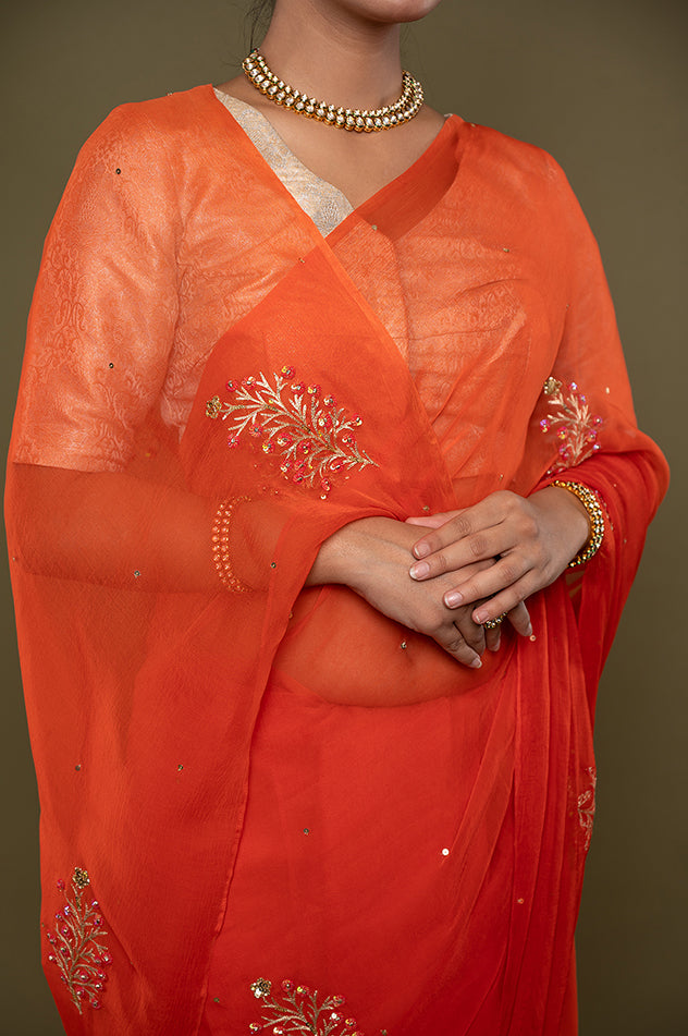 Orange light dark viscose chiffon aari sequins motif handwork saree