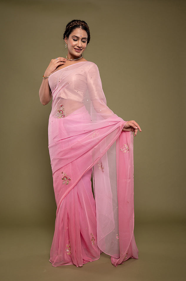 Pink light dark viscose chiffon aari sequins motif handwork saree