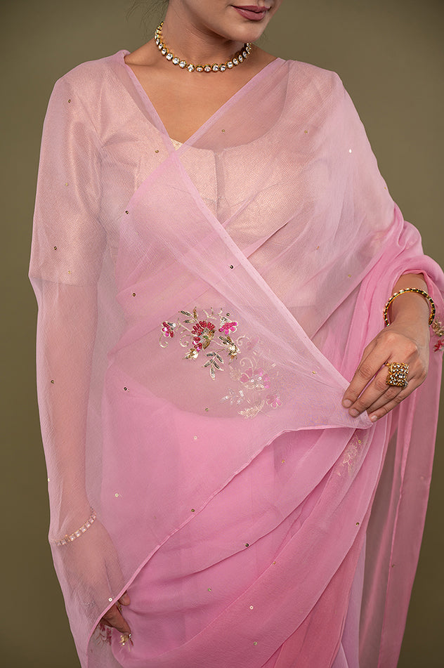 Pink light dark viscose chiffon aari sequins motif handwork saree