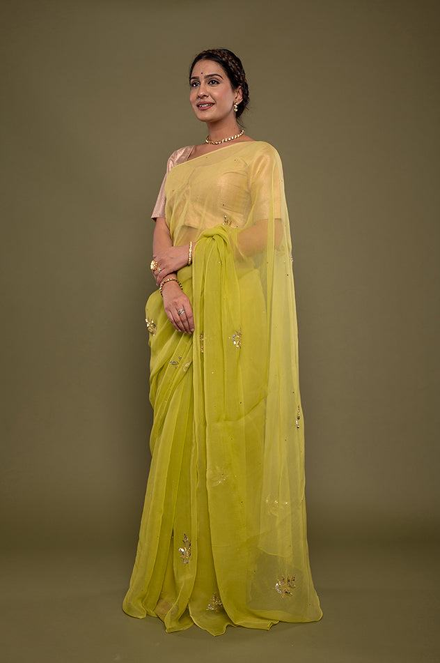 neon green viscose chiffon aari sequins motif handwork saree