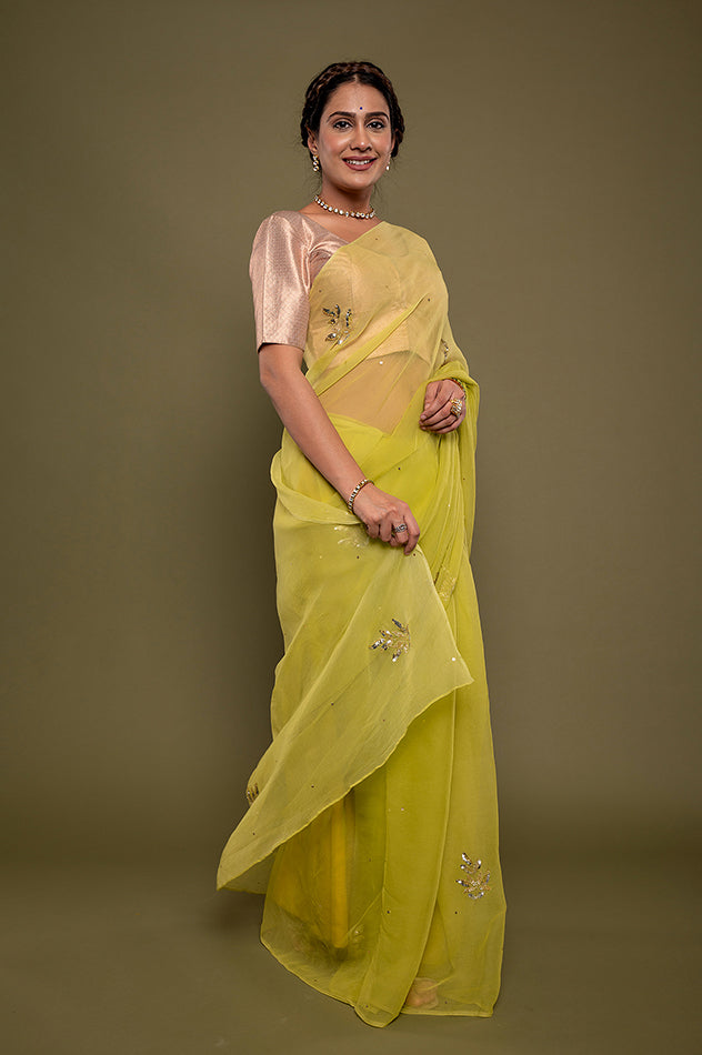 neon green viscose chiffon aari sequins motif handwork saree