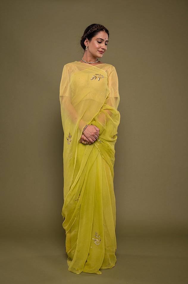 neon green viscose chiffon aari sequins motif handwork saree