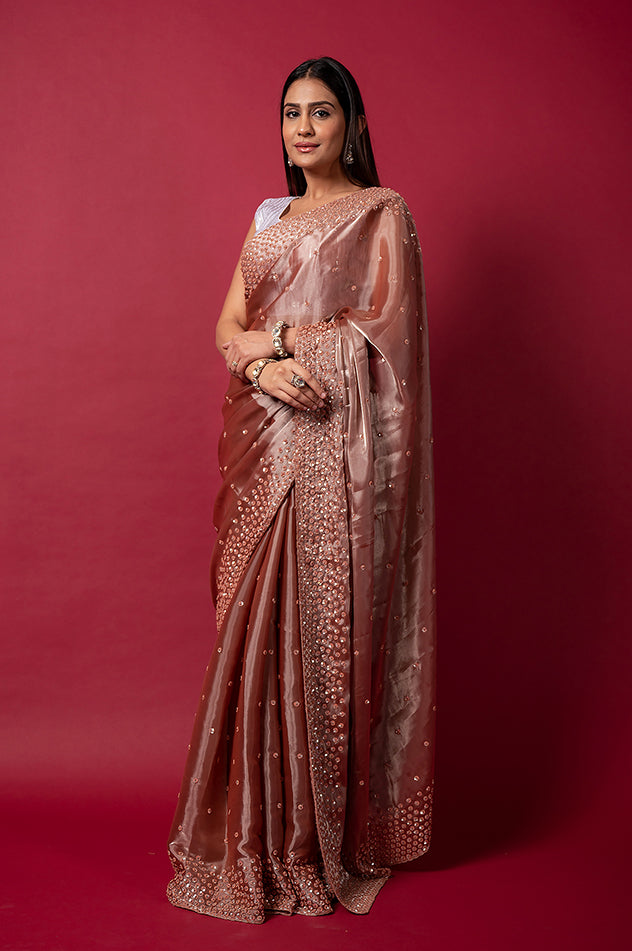 Coffee Glass Tissue pearl border butti handwork saree