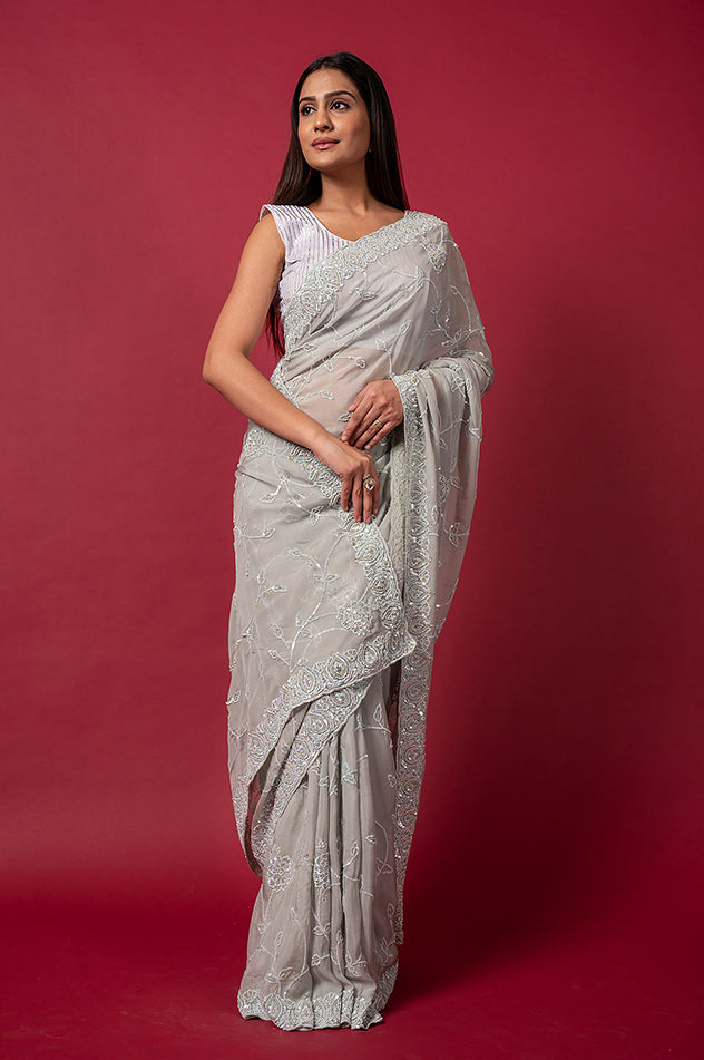 grey pure opara silk sequins border butti jaal handwork saree