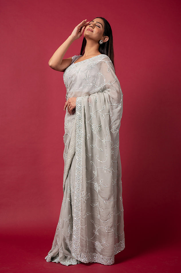 grey pure opara silk sequins border butti jaal handwork saree