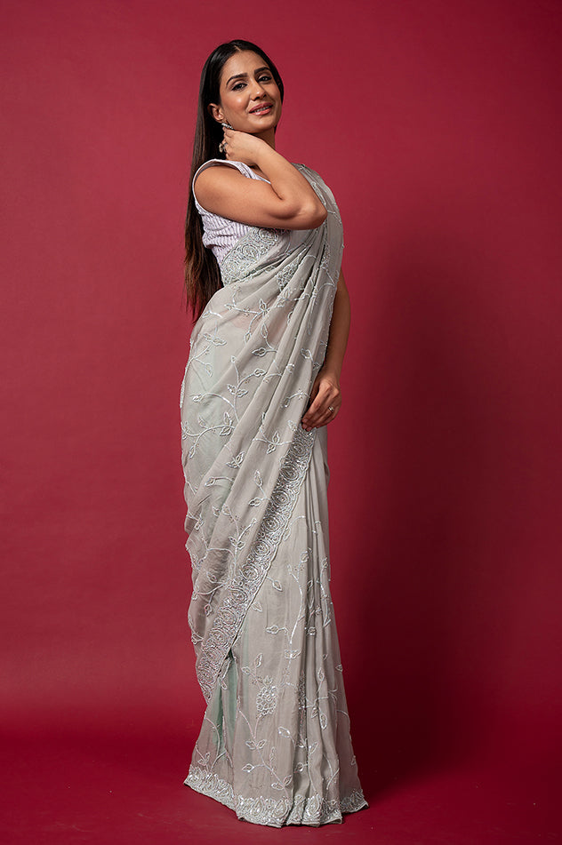 grey pure opara silk sequins border butti jaal handwork saree