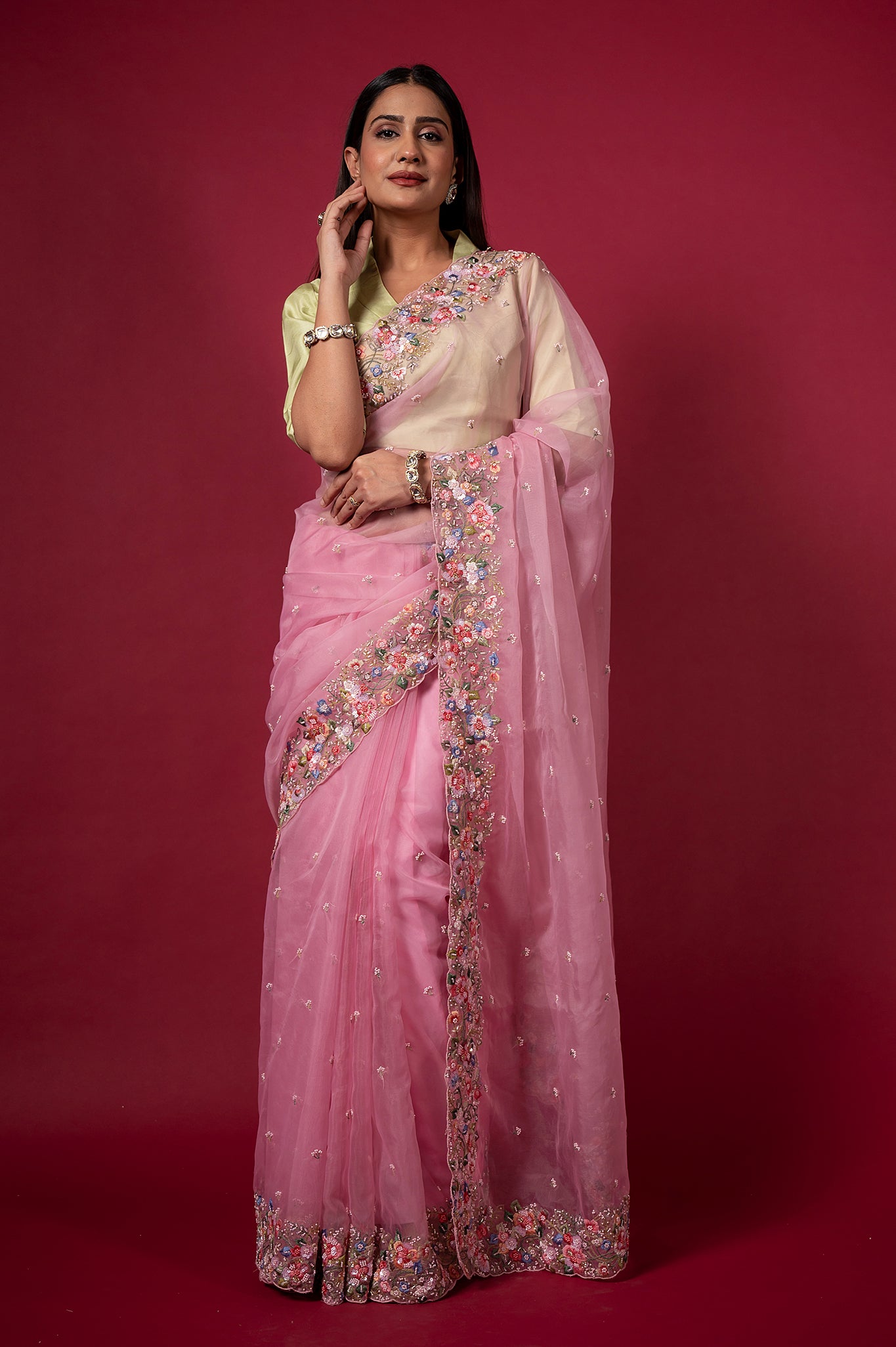 Pink Organza Resham Sequins Pearl Border Booti Handwork Saree