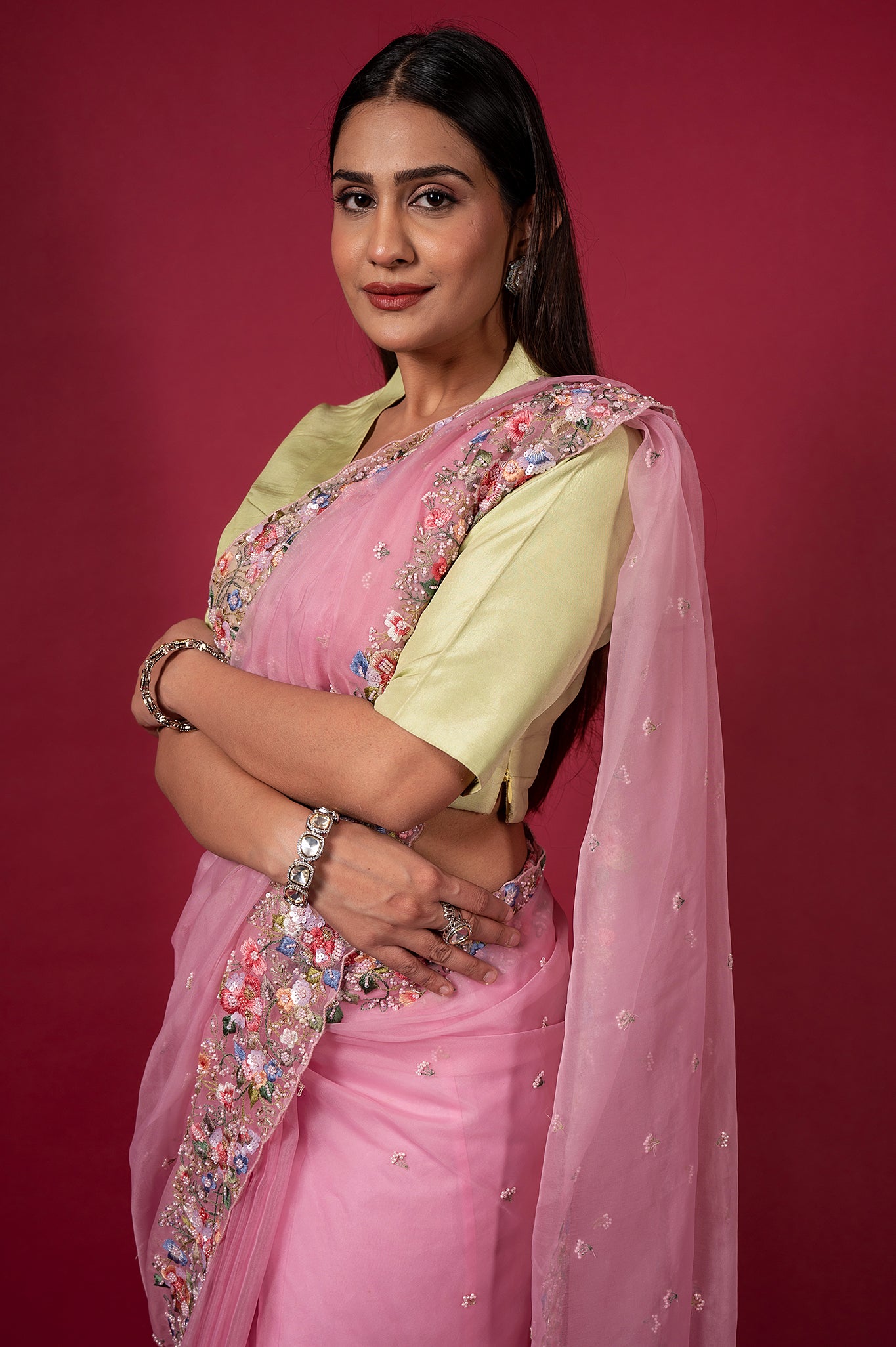 Pink Organza Resham Sequins Pearl Border Booti Handwork Saree