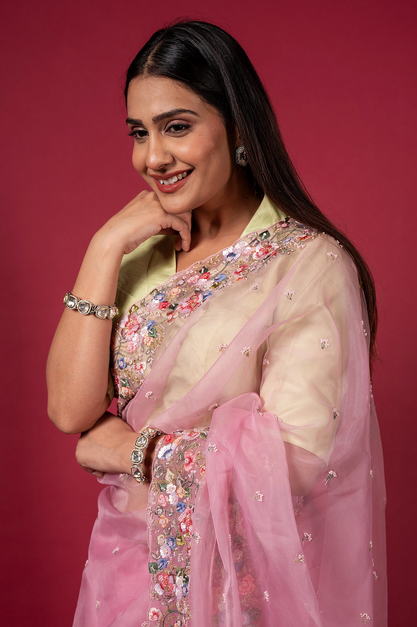 Pink Organza Resham Sequins Pearl Border Booti Handwork Saree