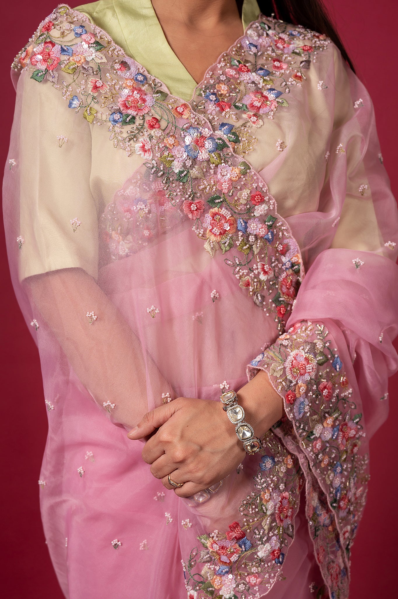 Pink Organza Resham Sequins Pearl Border Booti Handwork Saree