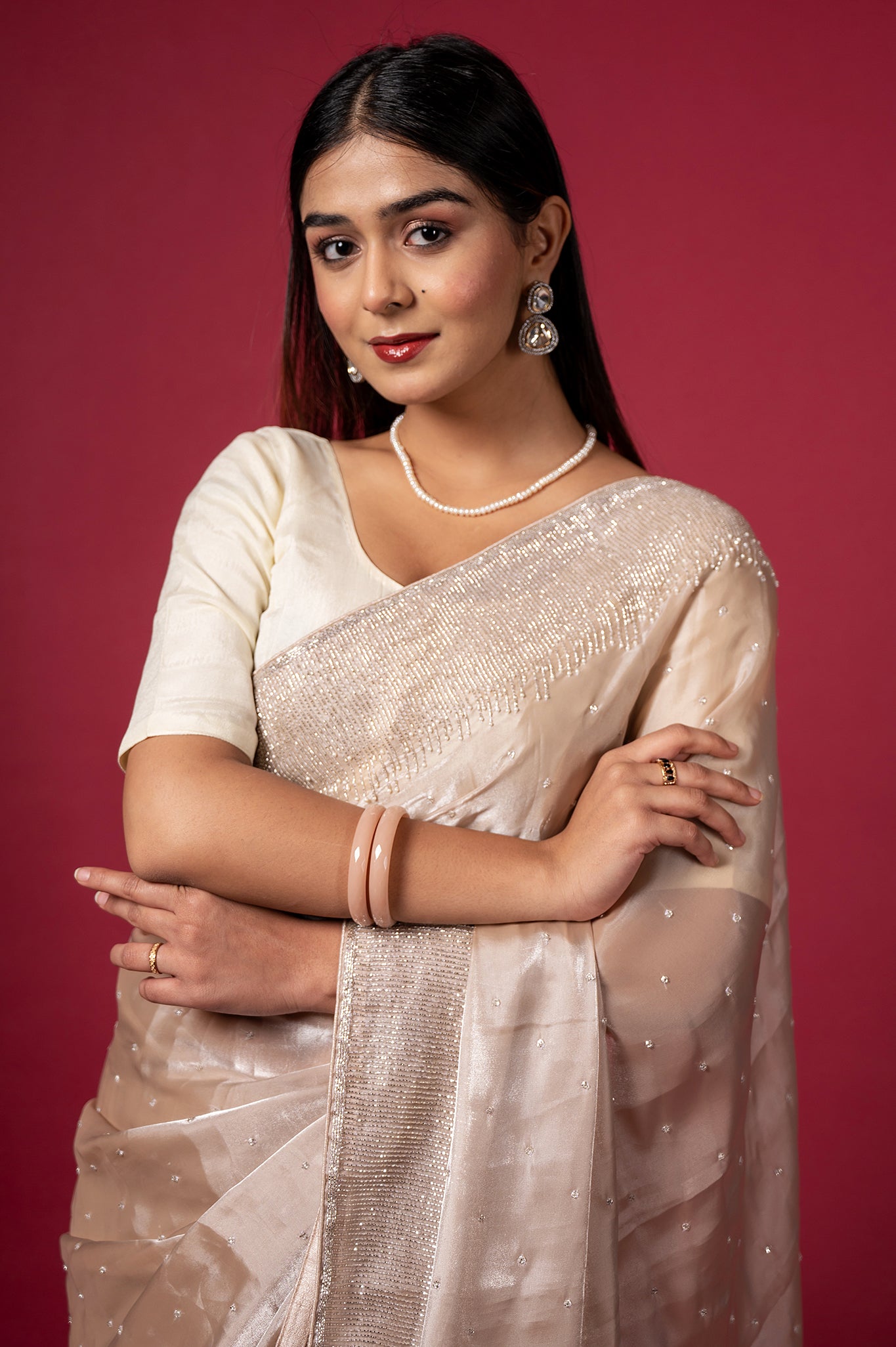 Light Chiku Jimmy Chu Kardana Pearl Border Booti Handwork Saree