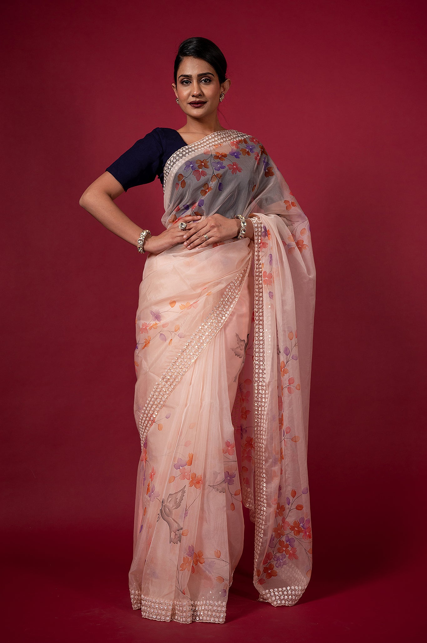 Peach Organza Printed Sequins Kardana Border Handwork Saree
