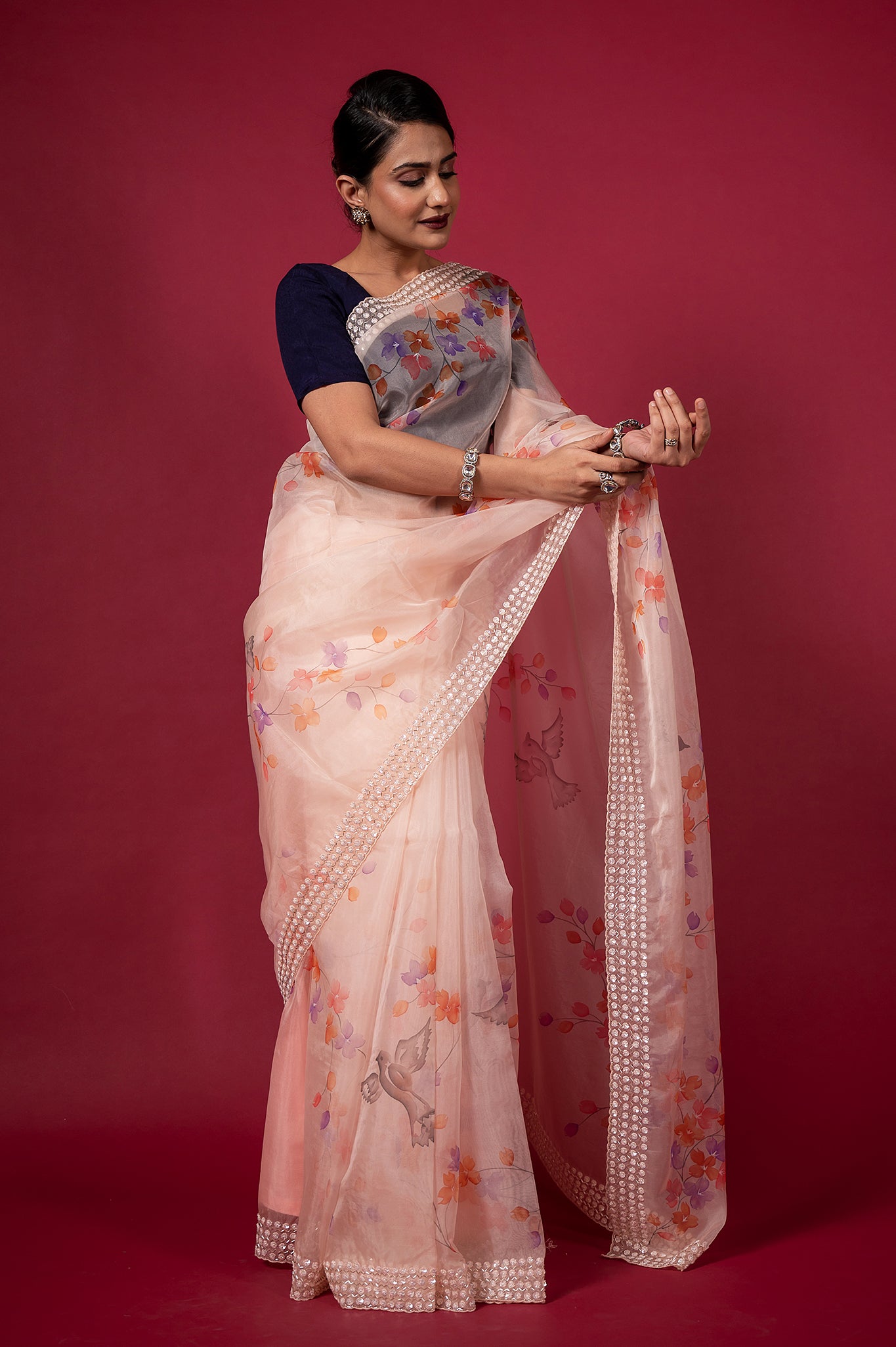 Peach Organza Printed Sequins Kardana Border Handwork Saree
