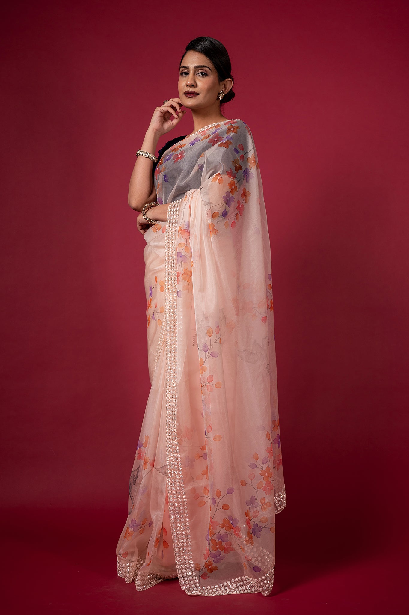 Peach Organza Printed Sequins Kardana Border Handwork Saree