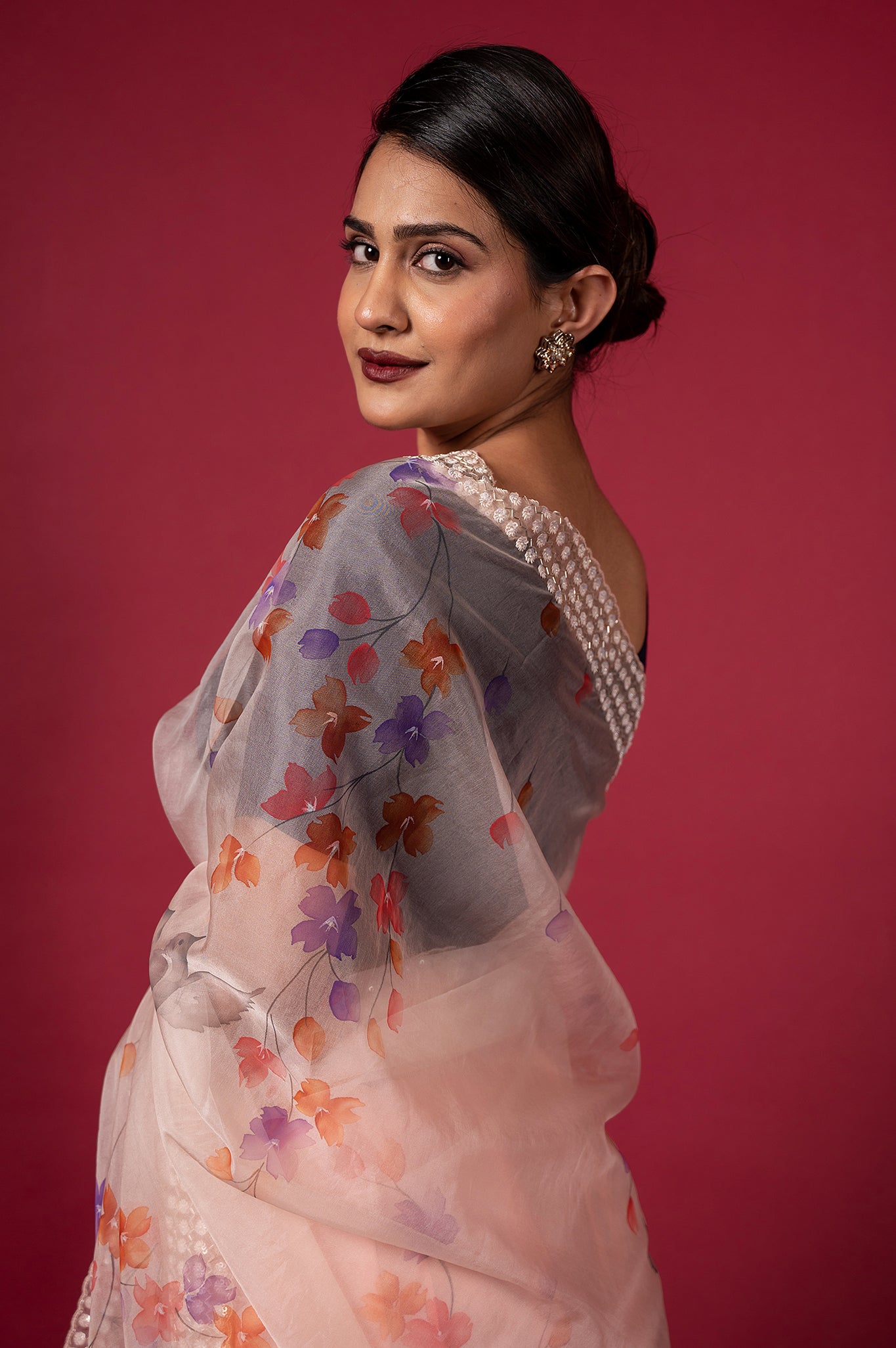 Peach Organza Printed Sequins Kardana Border Handwork Saree