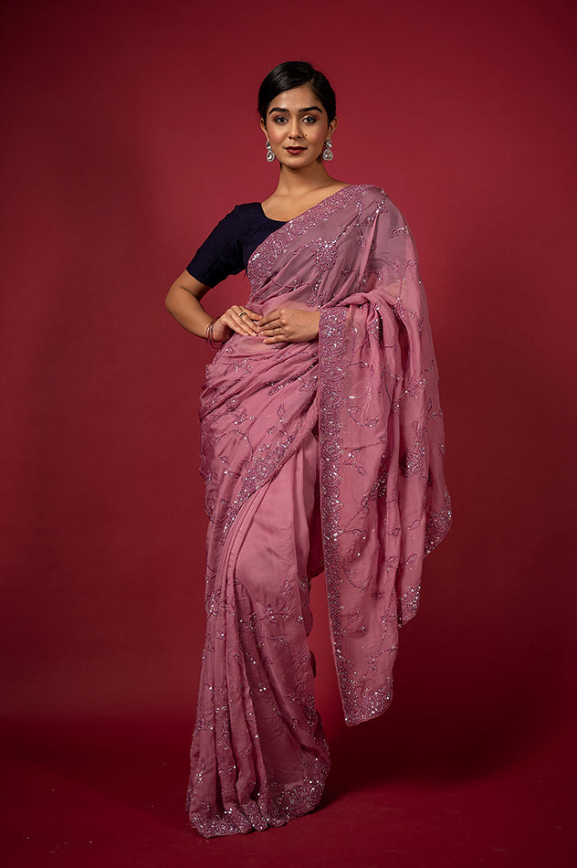Purple Pink Organza Imported Sequins Border & Jaal Handwork Saree