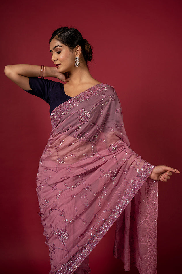 Purple Pink Organza Imported Sequins Border & Jaal Handwork Saree