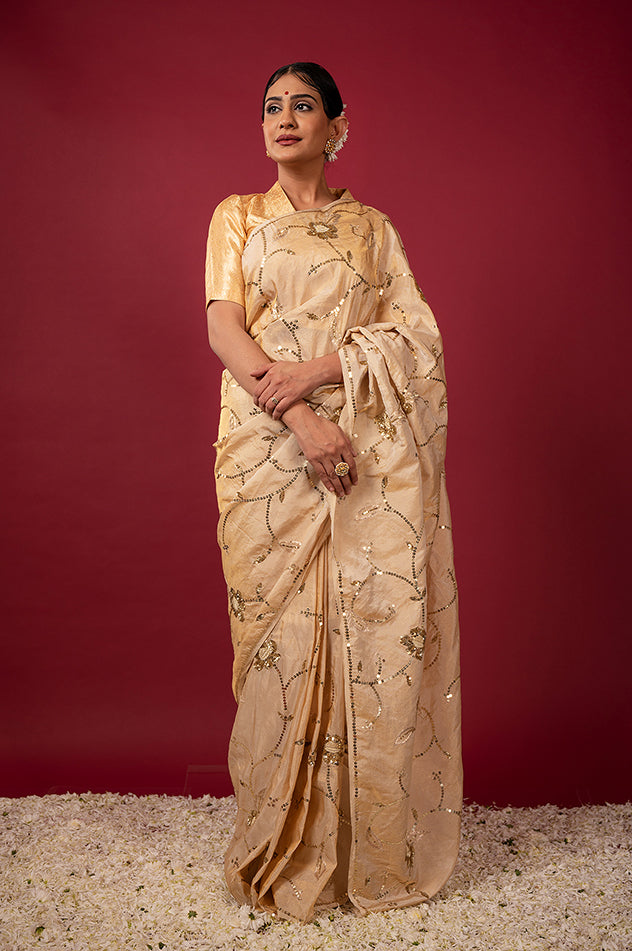 Golden pure tissue aari sequins jaal handwork saree