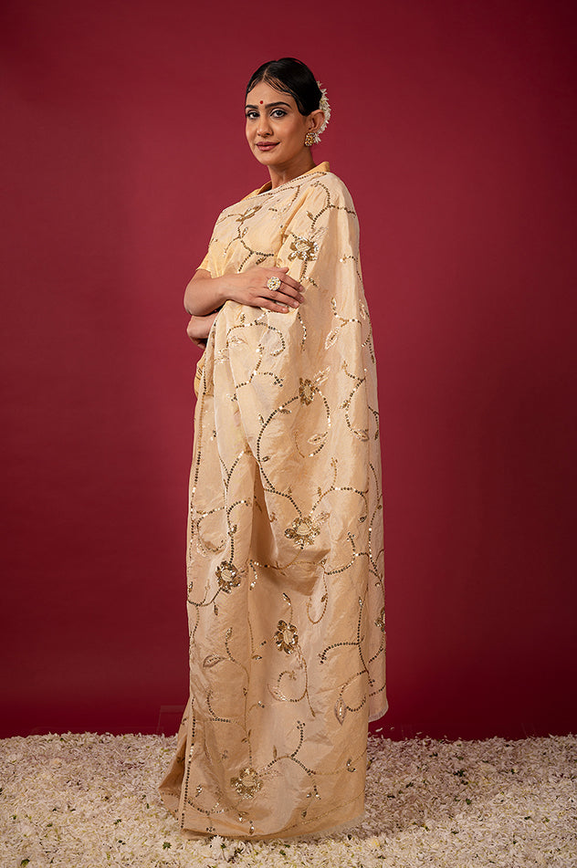 Golden pure tissue aari sequins jaal handwork saree