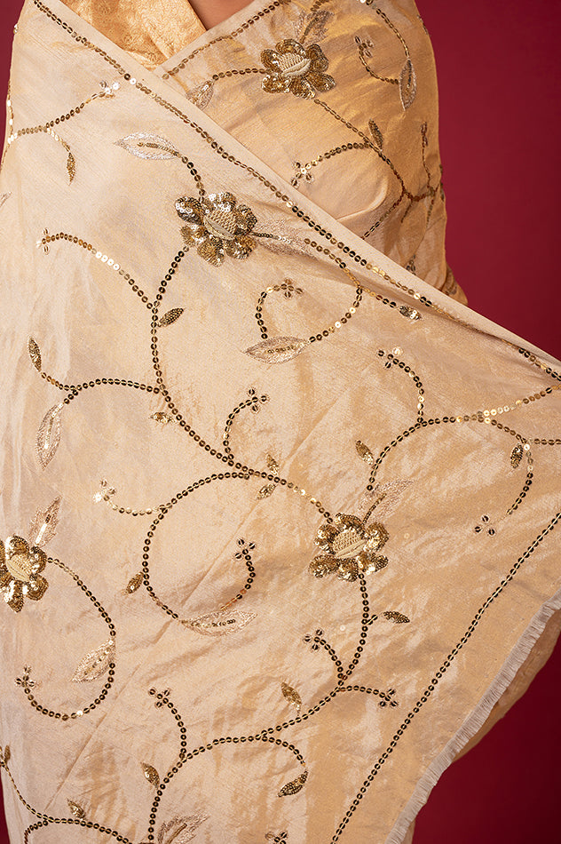 Golden pure tissue aari sequins jaal handwork saree