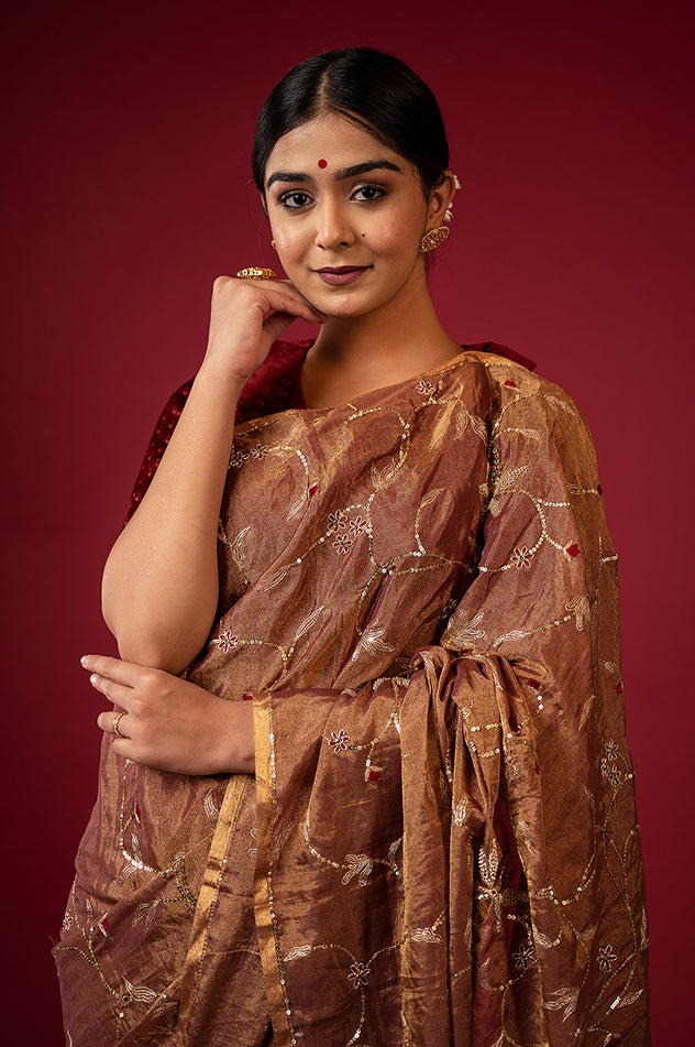 Chocolate brown pure tissue zardozi sequins jaal handwork saree