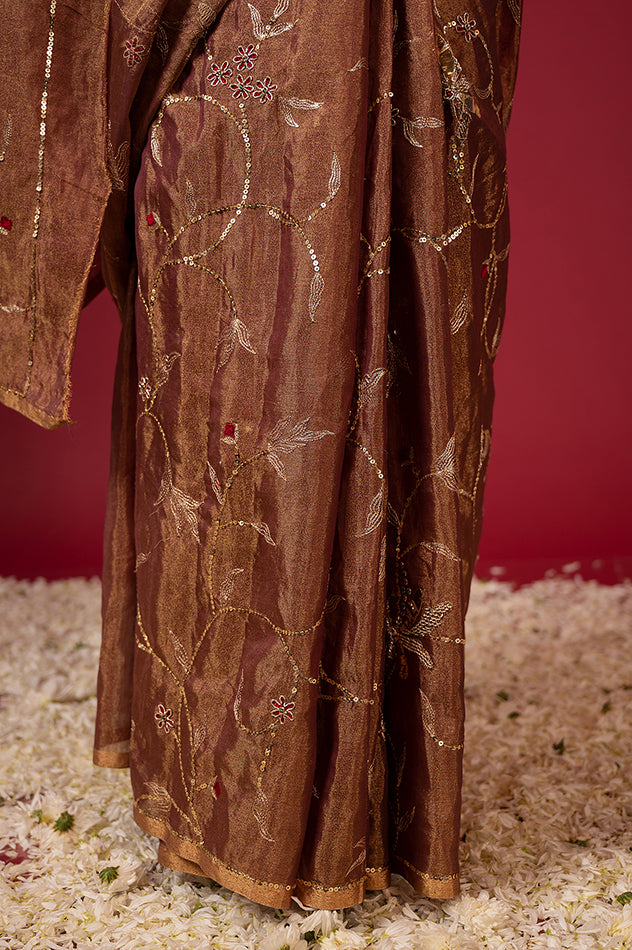 Chocolate brown pure tissue zardozi sequins jaal handwork saree