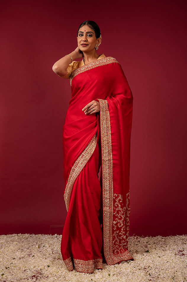 royal red pure silk Satin zardozi border pala jaal handwork saree