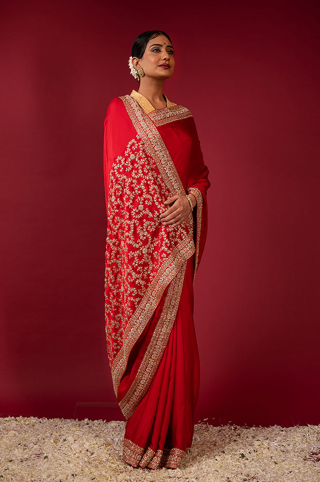 royal red pure silk Satin zardozi border pala jaal handwork saree