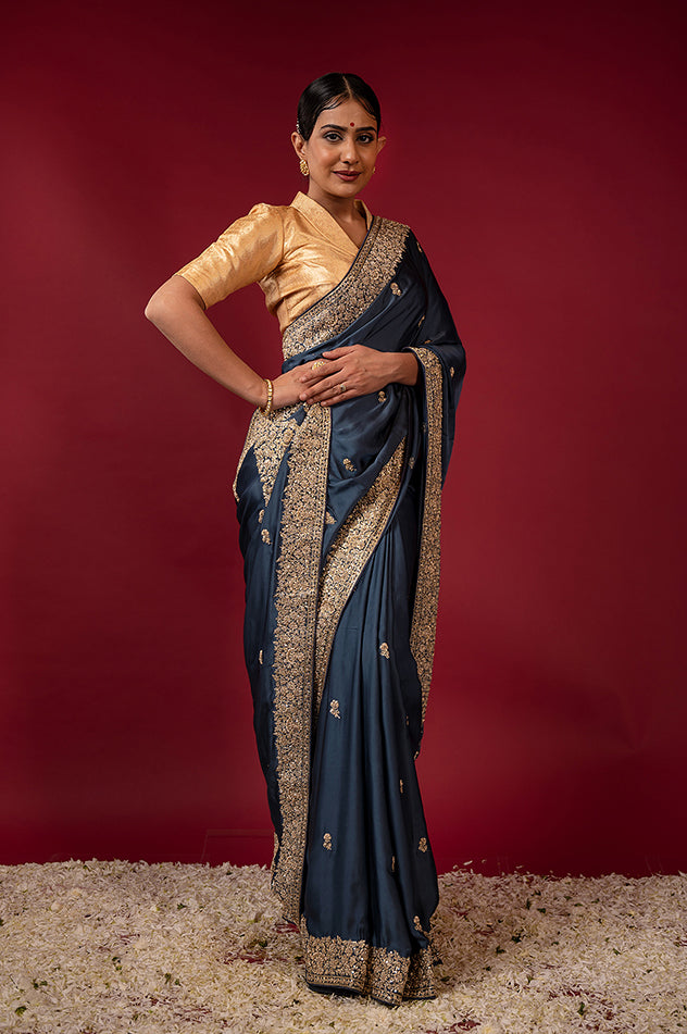 light navy blue pure silk Satin zardozi border butti handwork saree