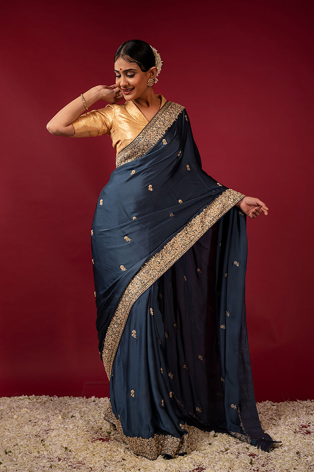light navy blue pure silk Satin zardozi border butti handwork saree