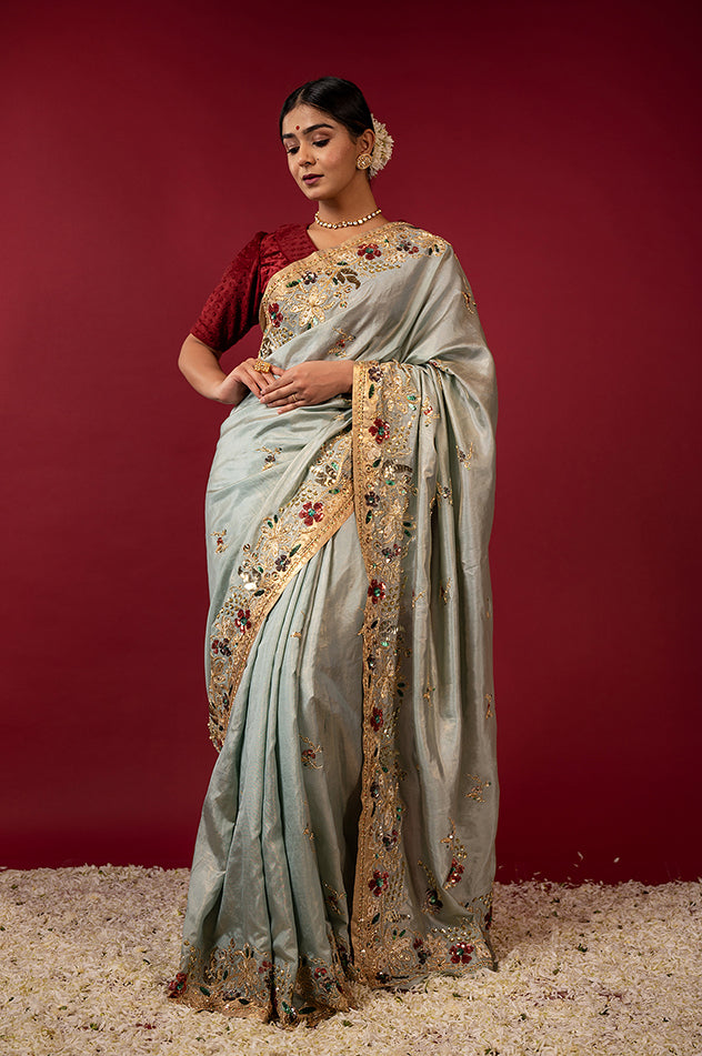 Greyish green pure tissue zardozi sequins border butti handwork saree