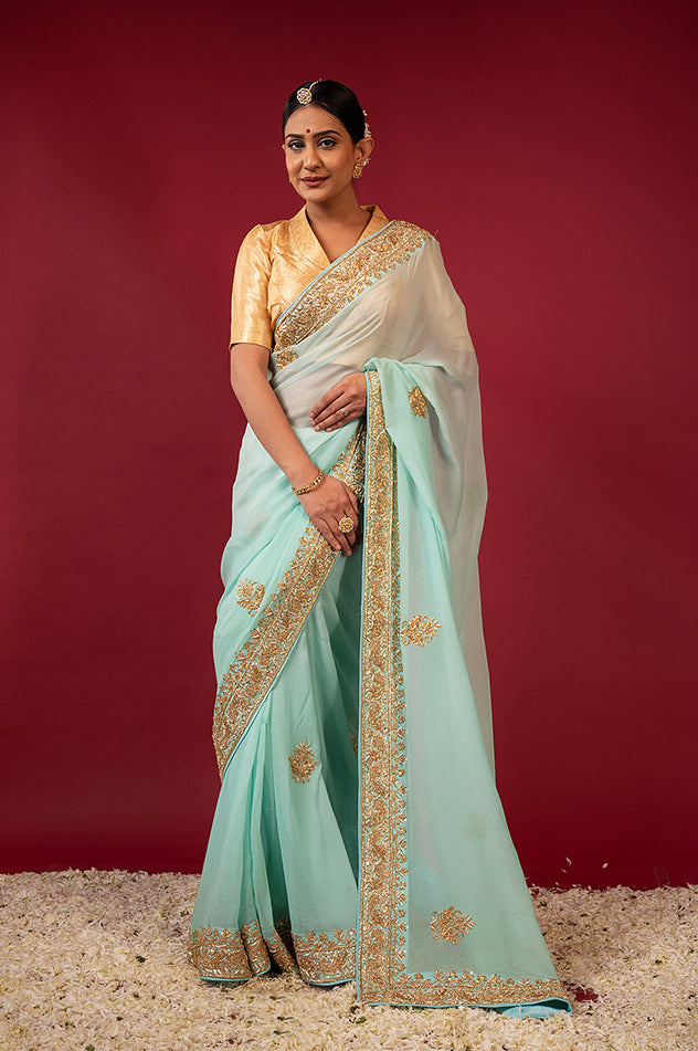 Sea Green pure chiffon zardozi border butti handwork saree