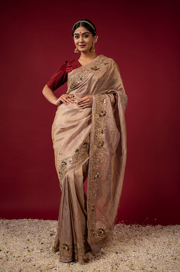 light golden brown pure tissue zardozi sequins border butti handwork saree