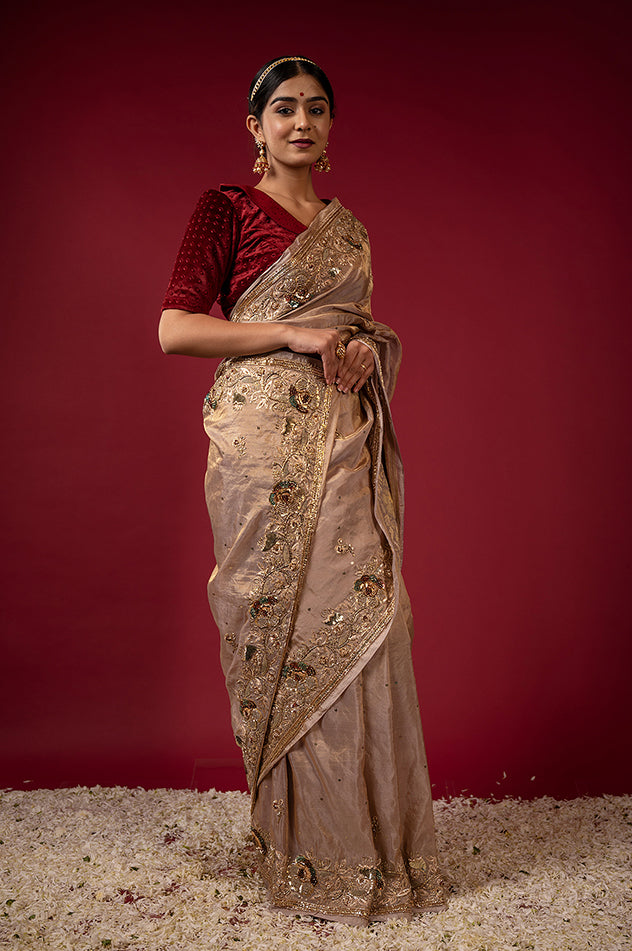 light golden brown pure tissue zardozi sequins border butti handwork saree